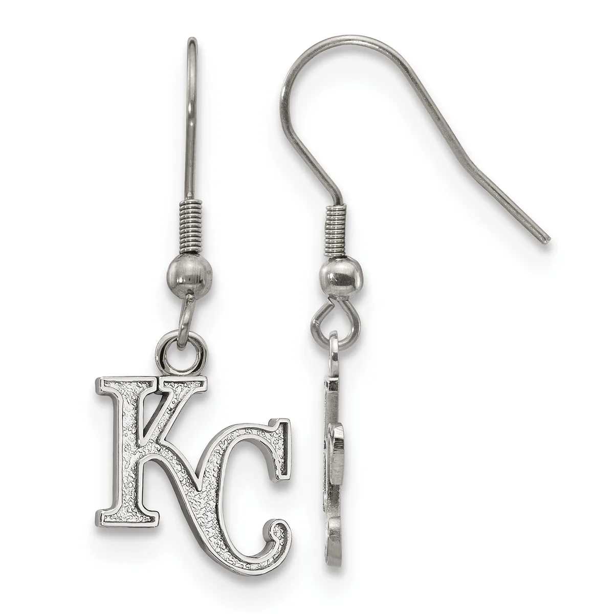 Pair of silver-toned dangle earrings with fish hook wires, each featuring a small ball and coil detail above a large KC letter charm with a textured finish.