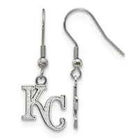 Pair of silver-toned dangle earrings with fish hook wires, each featuring a small ball and coil detail above a large KC letter charm with a textured finish.