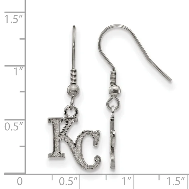 Pair of silver-toned dangle earrings with KC charm pendants, shown next to a ruler measuring approximately 1.25 inches long.
