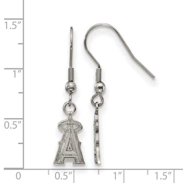A pair of silver-toned fishhook earrings with a capital A charm hanging from one and a decorative bar from the other, displayed against a ruler showing approximately 1.5 inches in length.