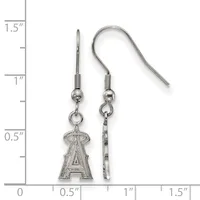 A pair of silver-toned fishhook earrings with a capital A charm hanging from one and a decorative bar from the other, displayed against a ruler showing approximately 1.5 inches in length.