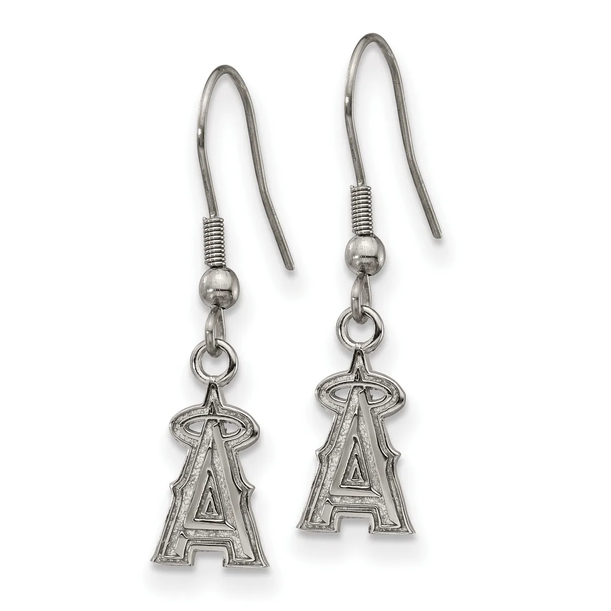 Pair of silver-toned dangle earrings with fish hook wires and letter A charms hanging below.