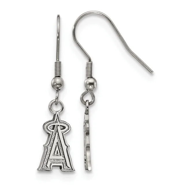 Pair of silver-toned fish hook earrings with beaded connectors and dangling letter A charms, displayed on white background.