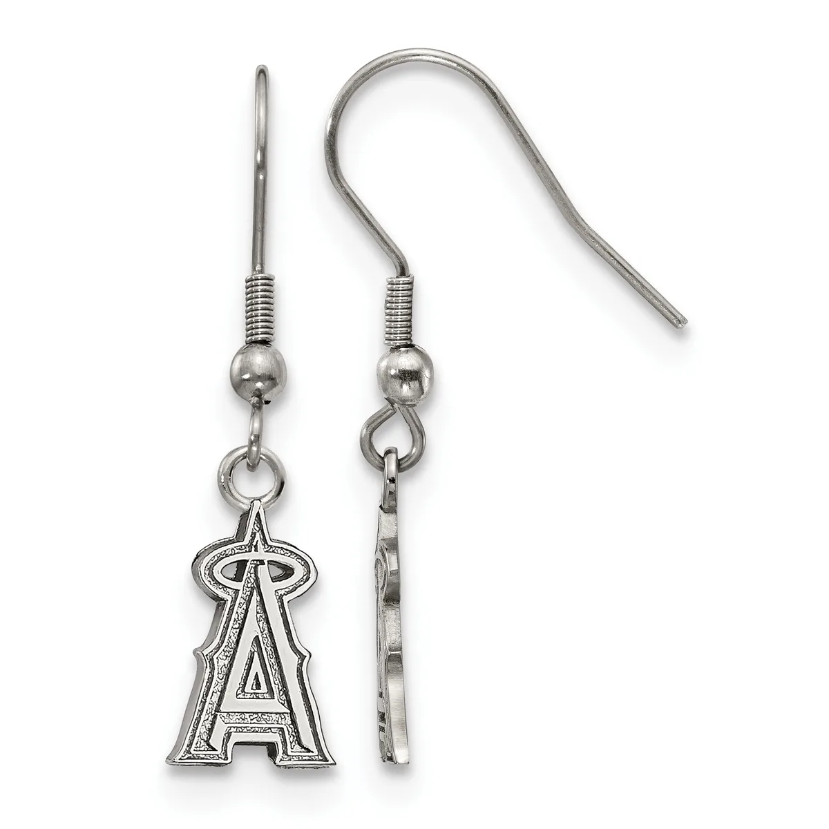 Pair of silver-toned fish hook earrings with beaded connectors and dangling letter A charms, displayed on white background.