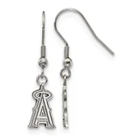Pair of silver-toned fish hook earrings with beaded connectors and dangling letter A charms, displayed on white background.