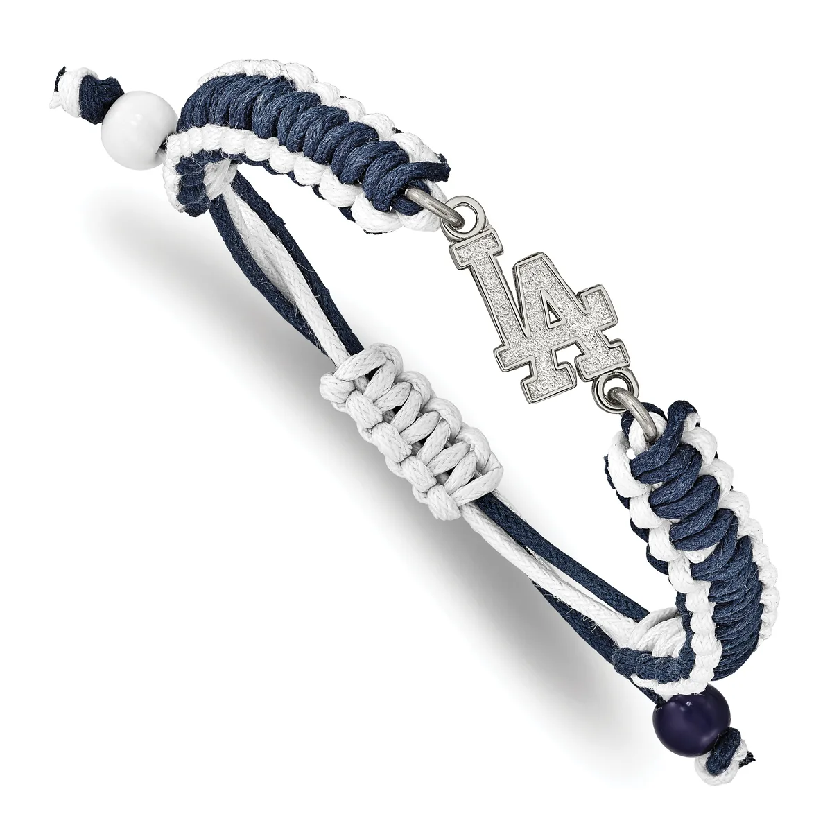 Navy and white braided cord bracelet with a silver-toned metal charm pendant and dark stone bead detail.