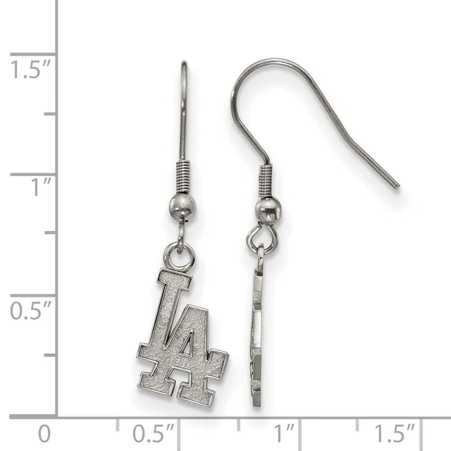 A pair of silver-toned earrings featuring LA charms suspended from fish hook wires, displayed next to a measurement scale showing approximately one inch in length.