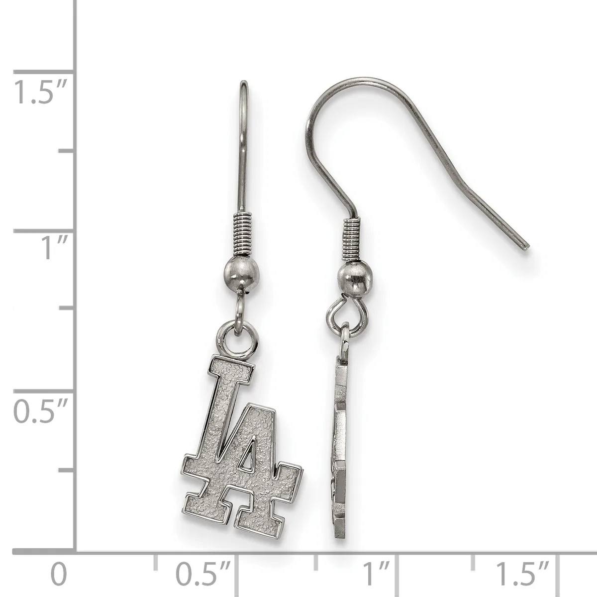 A pair of silver-toned earrings featuring LA charms suspended from fish hook wires, displayed next to a measurement scale showing approximately one inch in length.