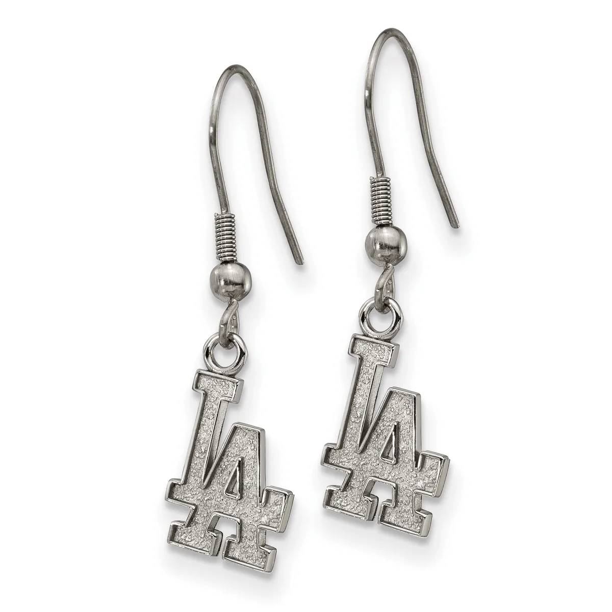Pair of silver-toned dangle earrings with fish-hook wires and small ball connectors, each suspending a textured LA charm.