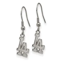 Pair of silver-toned dangle earrings with fish-hook wires and small ball connectors, each suspending a textured LA charm.