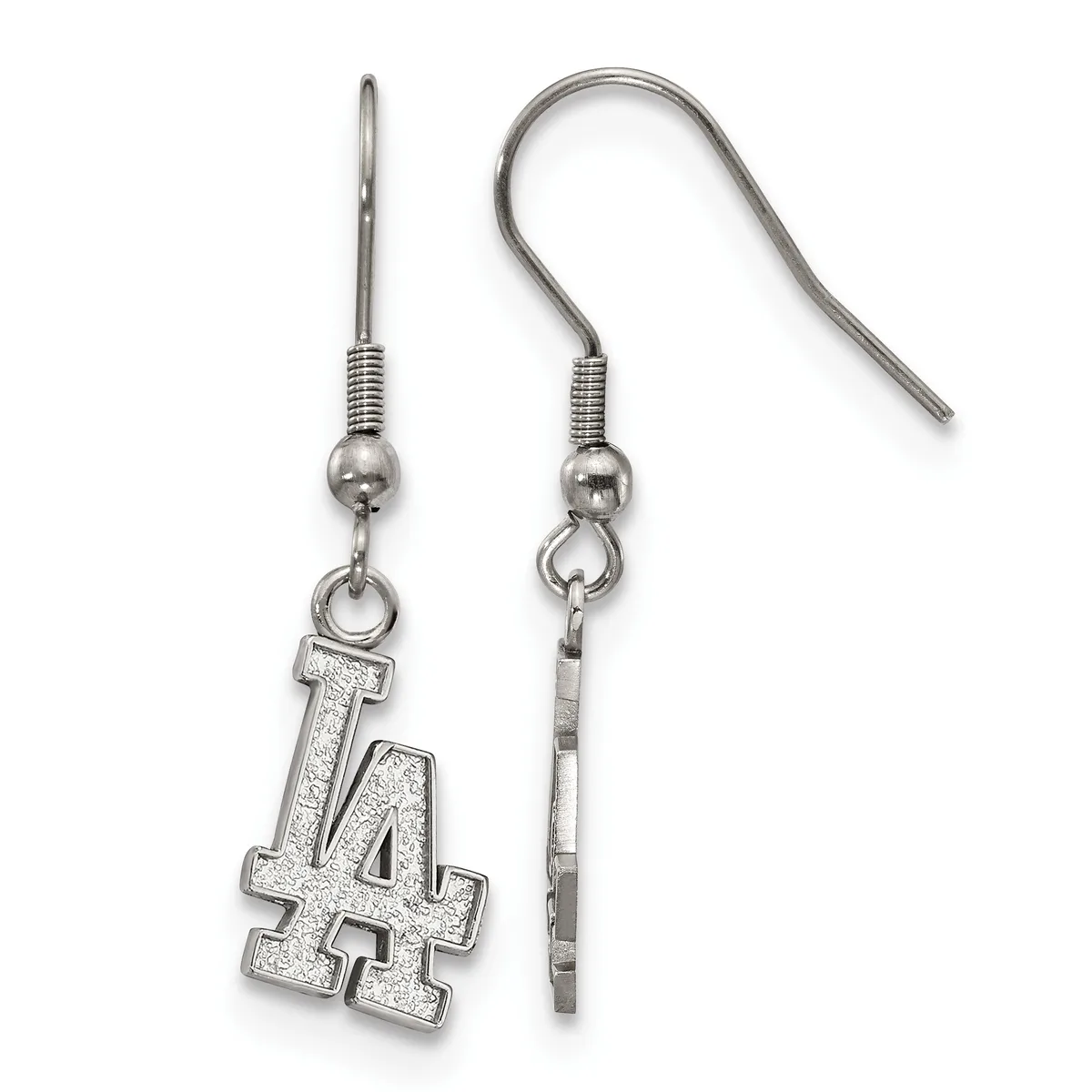 A pair of silver-toned earrings with hook wires, one featuring an LA charm with glittery finish and the other showing the back of the charm.