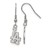 A pair of silver-toned earrings with hook wires, one featuring an LA charm with glittery finish and the other showing the back of the charm.