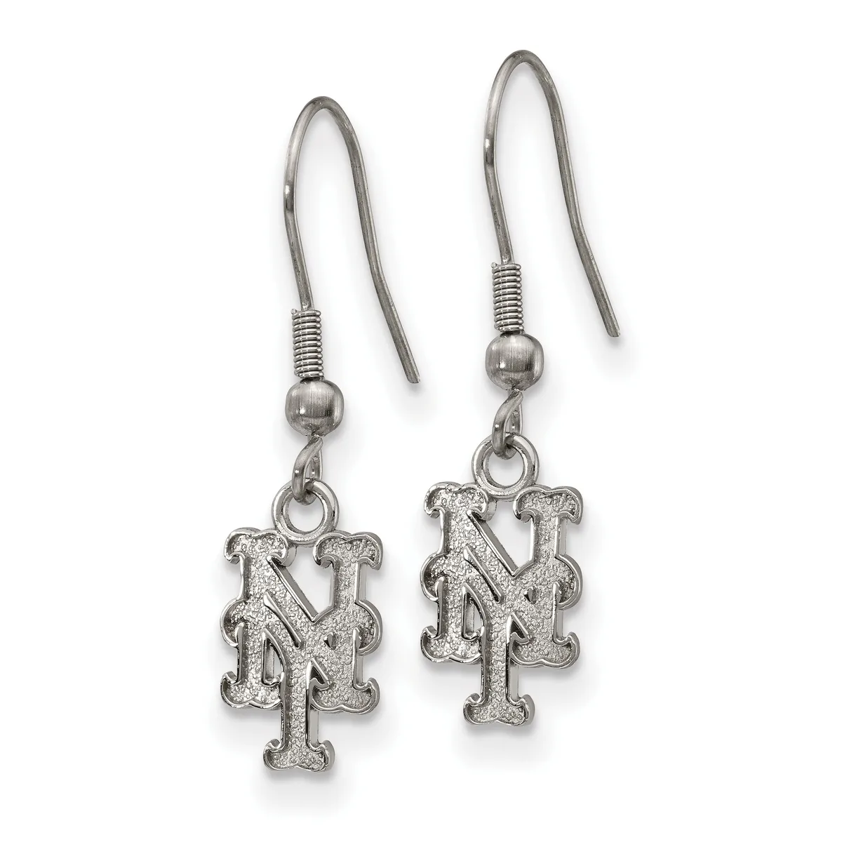 A pair of silver-toned dangle earrings with hook-style wires, each featuring a decorative interlocking letter pendant.