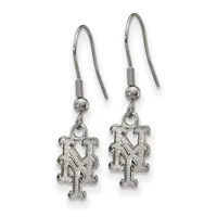 A pair of silver-toned dangle earrings with hook-style wires, each featuring a decorative interlocking letter pendant.