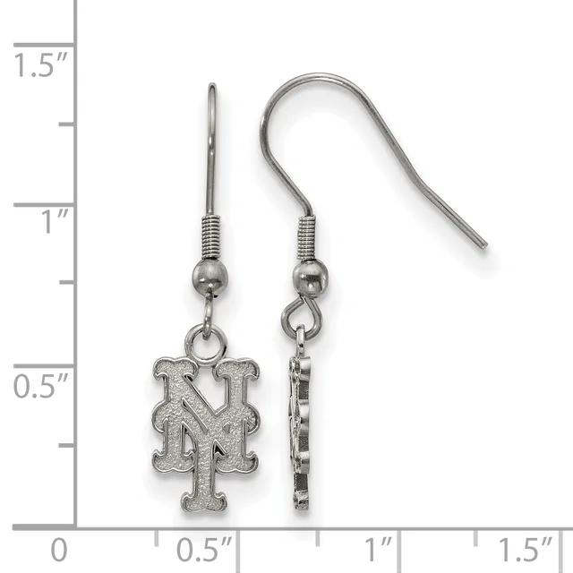 A pair of silver-toned earrings with fish hook wires, one featuring an interlocking M initial charm and the other a decorative rectangular link, displayed against a measurement scale.