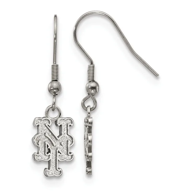 A pair of silver-toned dangle earrings with hook-style ear wires, featuring a decorative "NY" logo charm suspended from each earring.