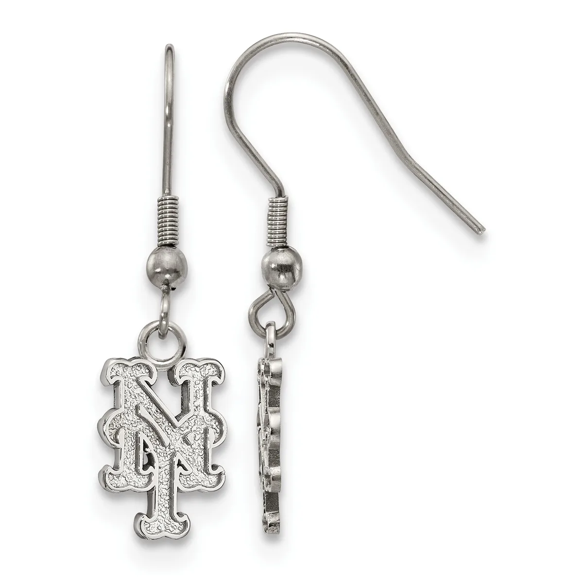 A pair of silver-toned dangle earrings with hook-style ear wires, featuring a decorative "NY" logo charm suspended from each earring.