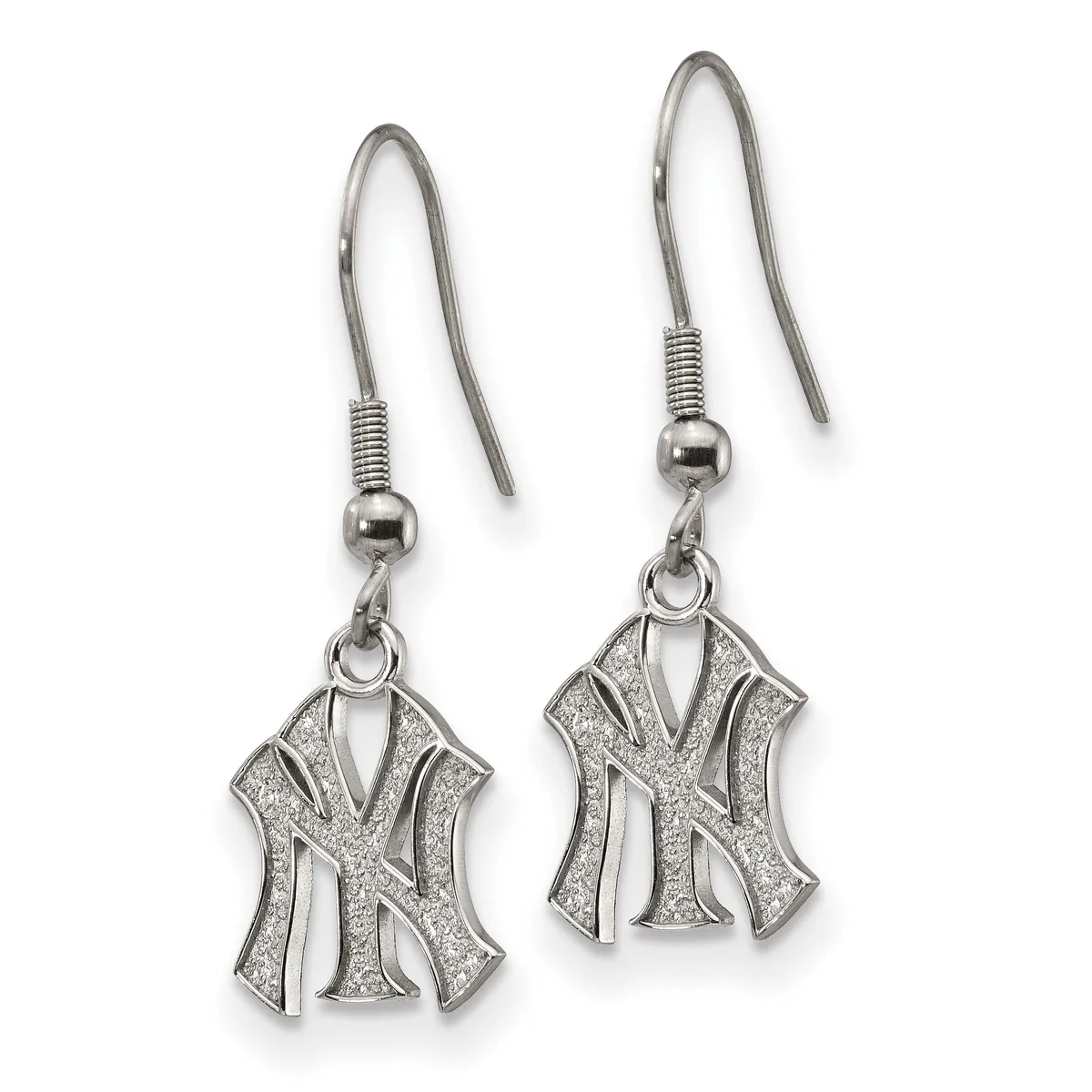 Pair of silver-toned drop earrings with glittery NY Yankees logo charms suspended from fish hook wires with bead accents.