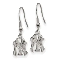 Pair of silver-toned drop earrings with glittery NY Yankees logo charms suspended from fish hook wires with bead accents.