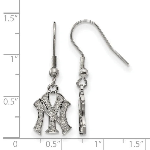 Pair of silver-tone dangle earrings with a textured NY logo charm, shown next to a measurement scale indicating approximately 0.5 inches wide and 1 inch long.