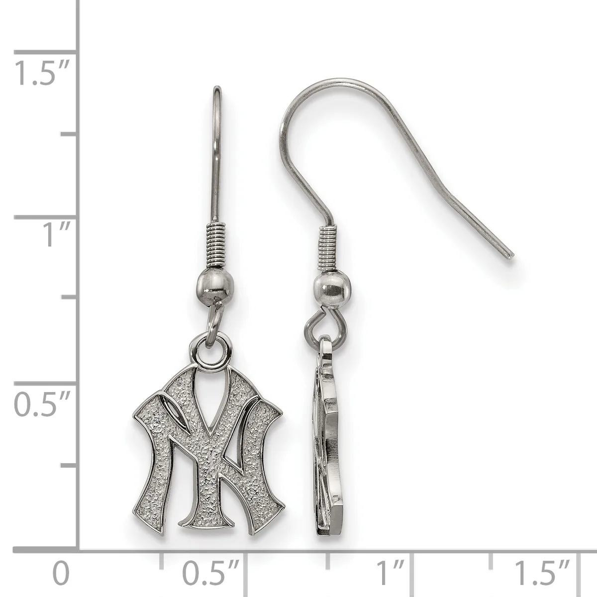 Pair of silver-tone dangle earrings with a textured NY logo charm, shown next to a measurement scale indicating approximately 0.5 inches wide and 1 inch long.