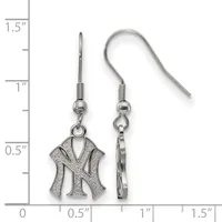 Pair of silver-tone dangle earrings with a textured NY logo charm, shown next to a measurement scale indicating approximately 0.5 inches wide and 1 inch long.