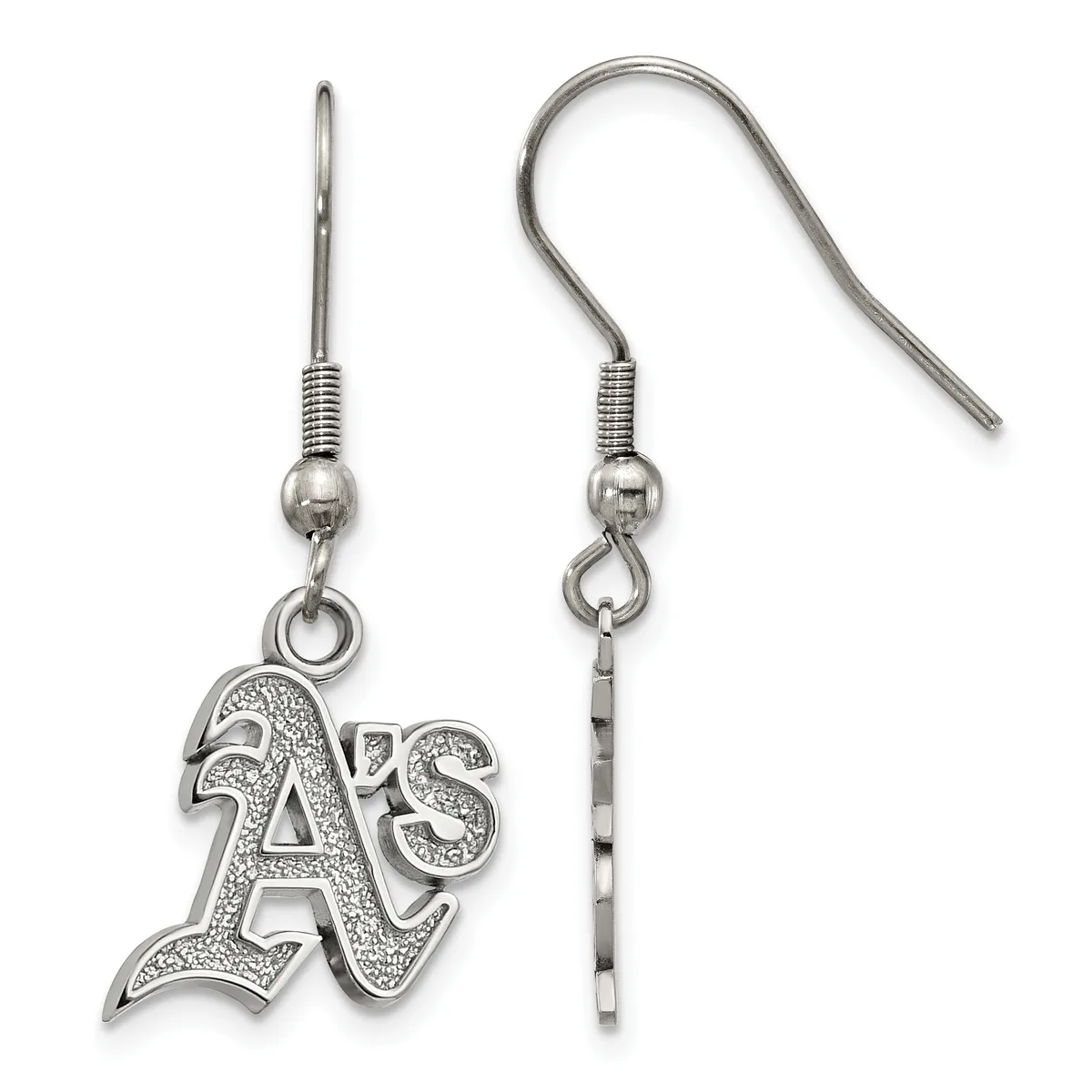 A pair of silver-toned earrings with hook-style wires and textured letter charms hanging from small ball and coil connectors.