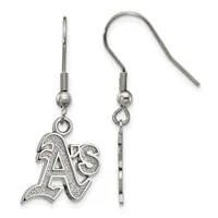 A pair of silver-toned earrings with hook-style wires and textured letter charms hanging from small ball and coil connectors.