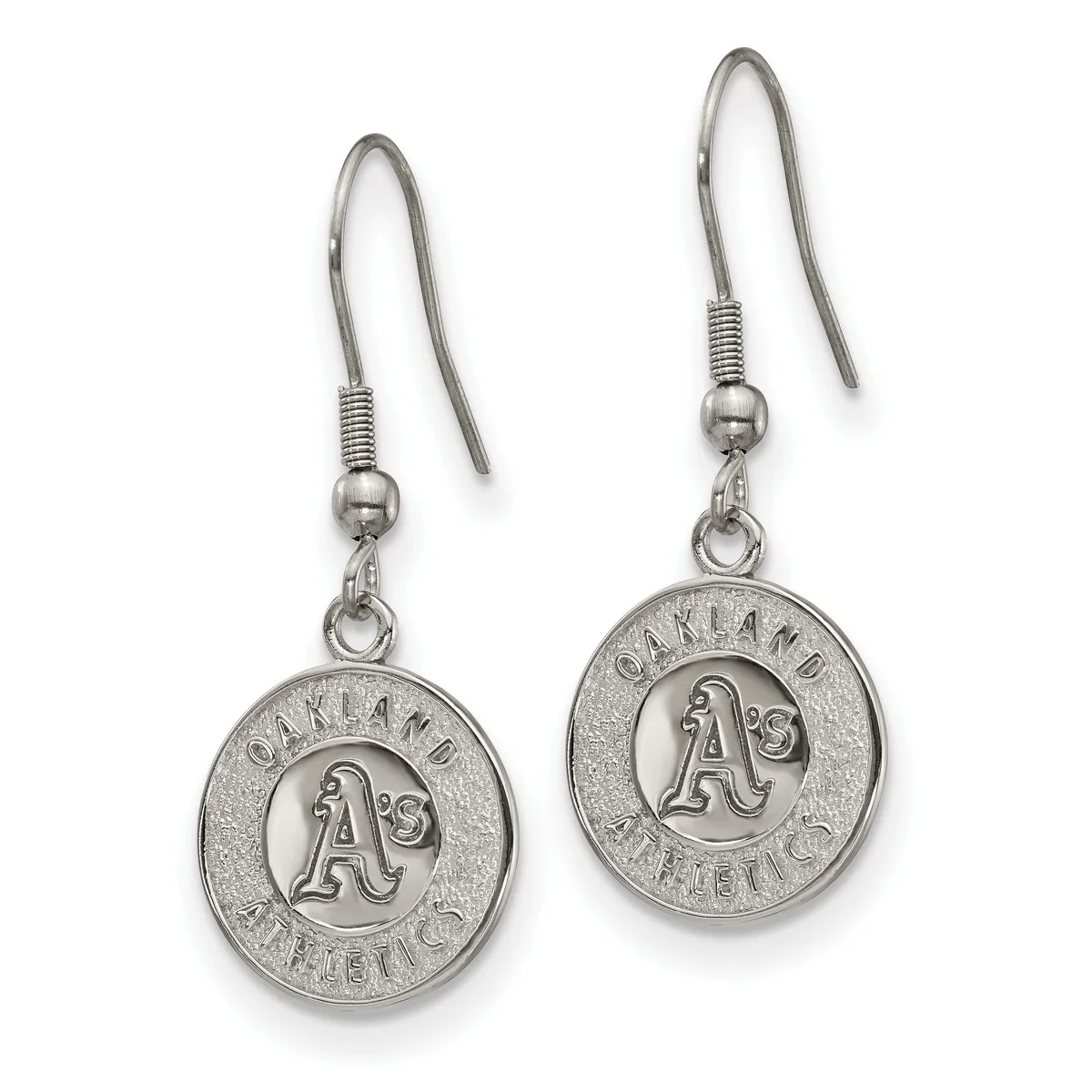Pair of silver-toned round pendant earrings with Oakland Athletics logo, suspended from curved wire hooks with decorative coils.