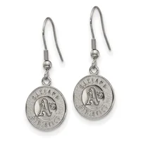 Pair of silver-toned round pendant earrings with Oakland Athletics logo, suspended from curved wire hooks with decorative coils.