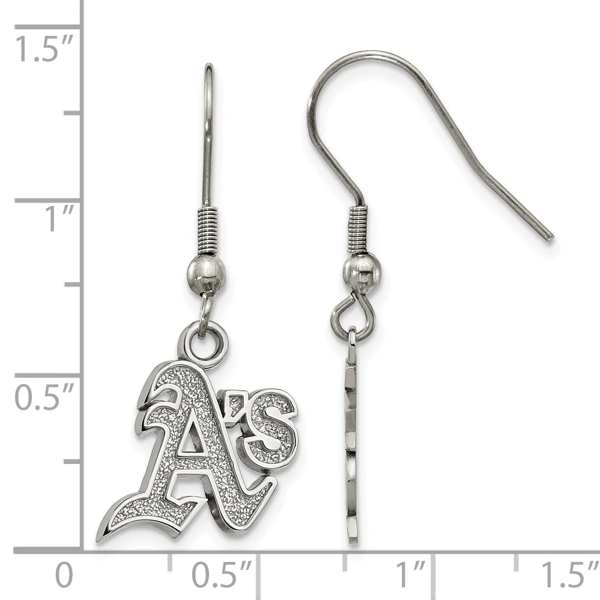 A pair of silver-toned earrings with textured letter charms and matching ear wires, displayed next to a ruler showing approximately one inch in length.