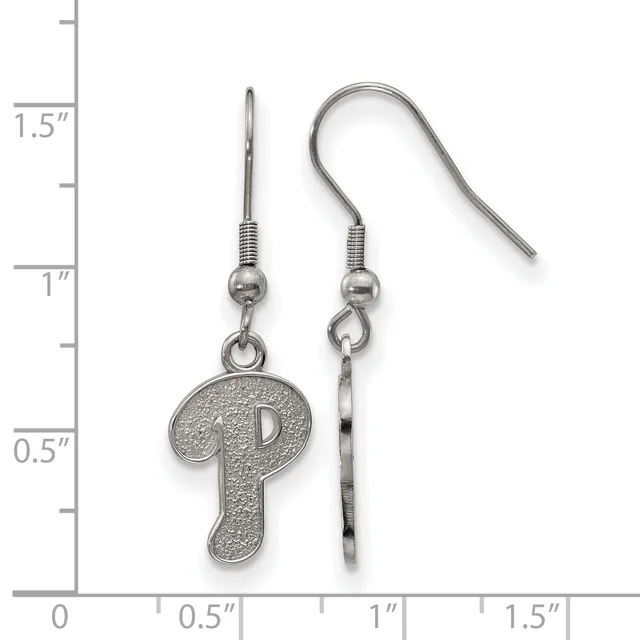 Pair of silver-toned fish hook earrings with textured P-shaped charms hanging from ball posts, displayed next to a measurement ruler.
