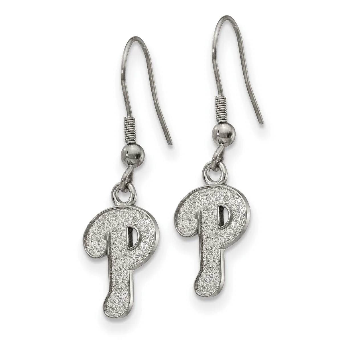 Pair of dangling earrings with glittery silver letter P charms suspended from fish hook wires.