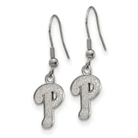 Pair of dangling earrings with glittery silver letter P charms suspended from fish hook wires.