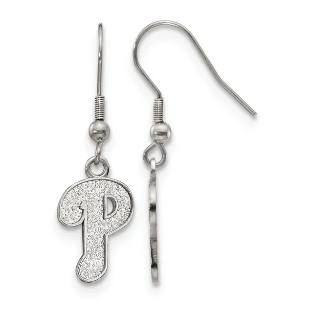 A pair of silver-toned fishhook earrings with glittery "P" letter charms hanging from ball-and-wire posts.