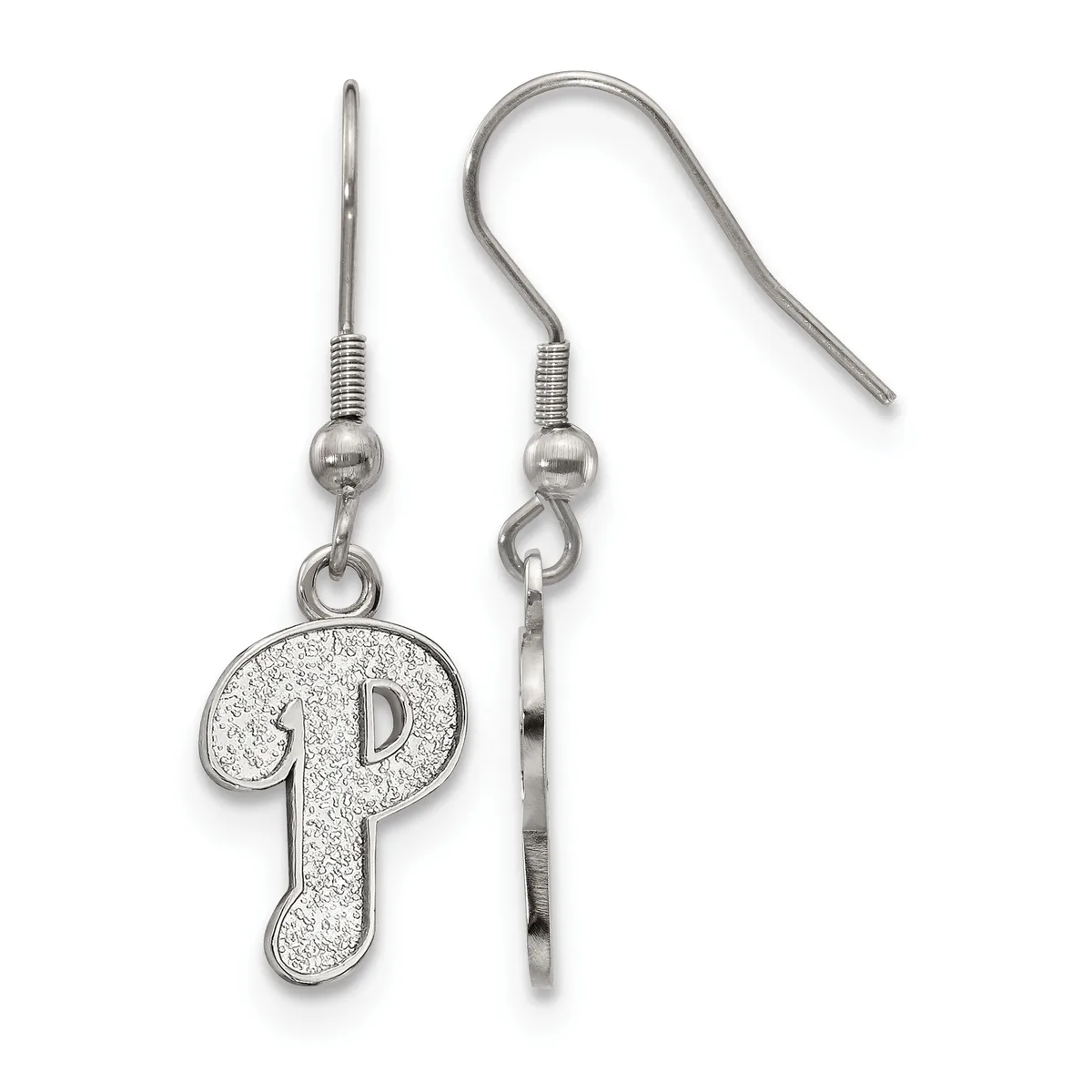A pair of silver-toned fishhook earrings with glittery "P" letter charms hanging from ball-and-wire posts.