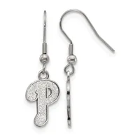A pair of silver-toned fishhook earrings with glittery "P" letter charms hanging from ball-and-wire posts.