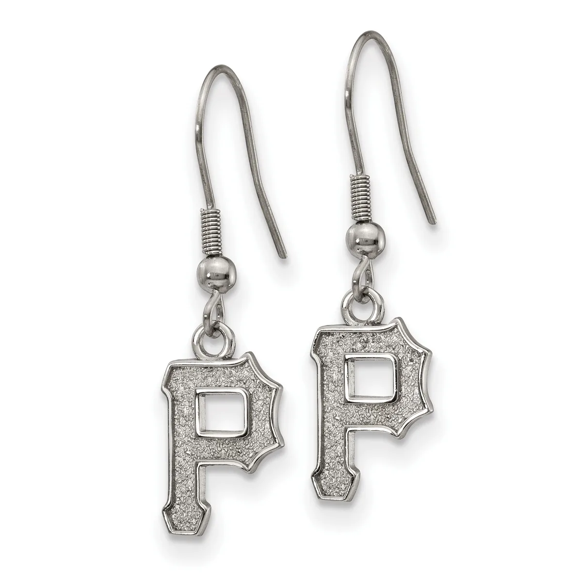 Pair of silver-toned earrings with hook closures featuring textured letter P charms with cutout centers, shown against a white background.