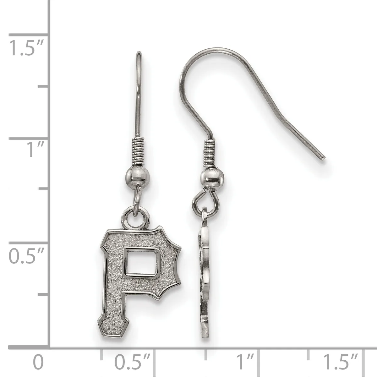 Pair of silver-toned earrings with fish hook wires, each featuring a textured square pendant with a cutout center, displayed against a ruler showing measurements up to 1.5 inches.