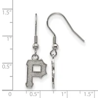 Pair of silver-toned earrings with fish hook wires, each featuring a textured square pendant with a cutout center, displayed against a ruler showing measurements up to 1.5 inches.
