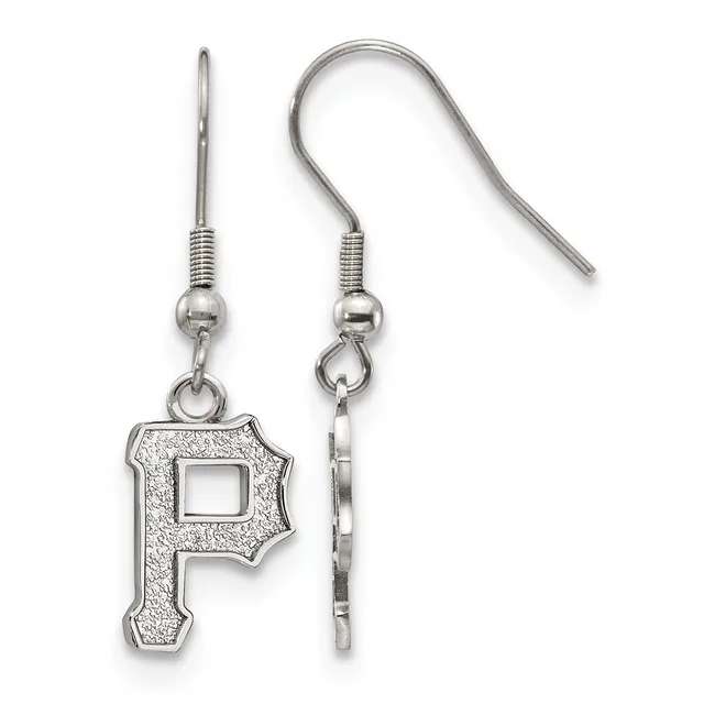 A pair of silver dangle earrings featuring the letter P with textured finish, suspended from curved fish hook wires with small ball and coil details.