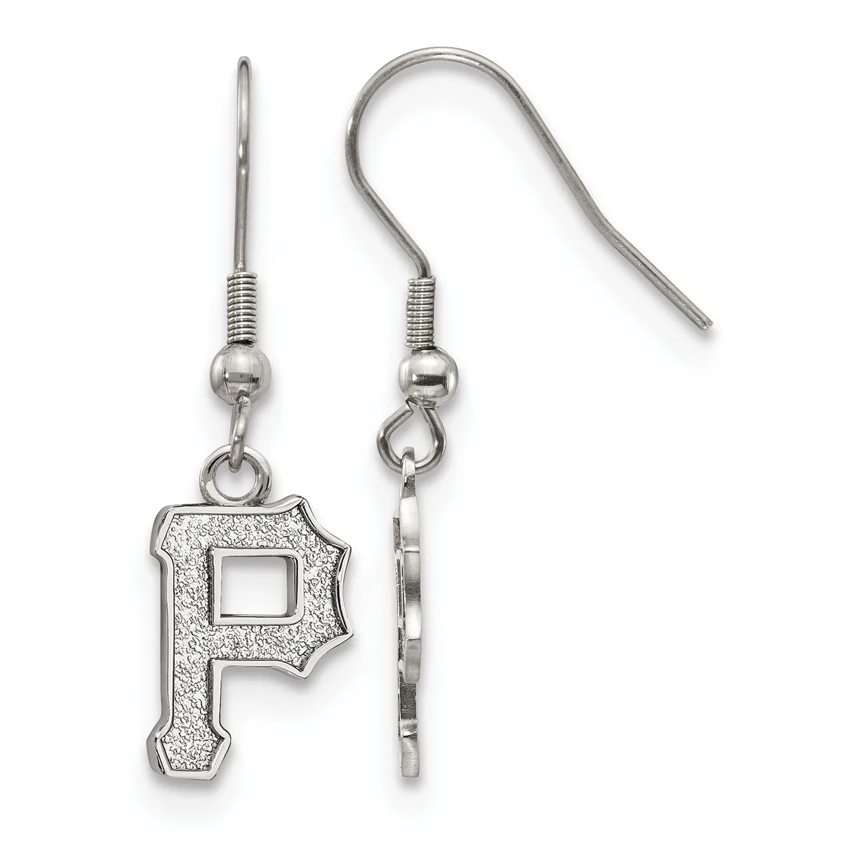 A pair of silver dangle earrings featuring the letter P with textured finish, suspended from curved fish hook wires with small ball and coil details.