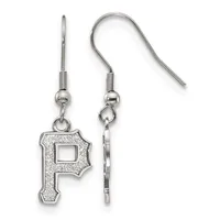 A pair of silver dangle earrings featuring the letter P with textured finish, suspended from curved fish hook wires with small ball and coil details.