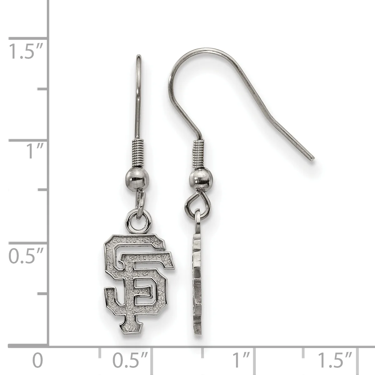 A pair of silver-toned earrings with wire hooks, featuring small SF logo charms, displayed against a measurement scale.