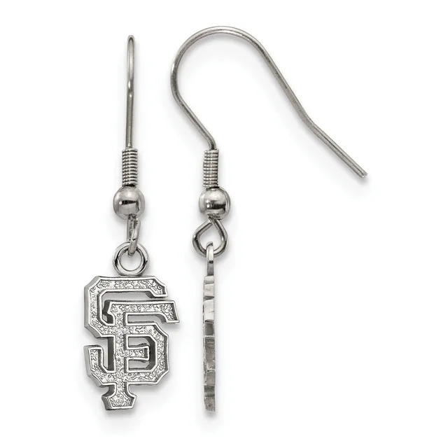 Pair of silver-toned earrings with fish hook wires, each featuring a dangling SF initial charm with textured detailing.