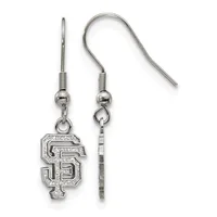 Pair of silver-toned earrings with fish hook wires, each featuring a dangling SF initial charm with textured detailing.