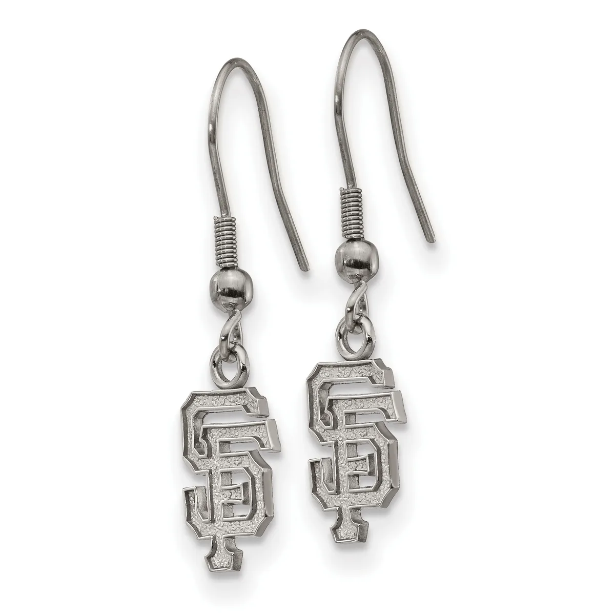 A pair of silver-toned dangle earrings with hook closures, each featuring a rectangular pendant with geometric cutout design.