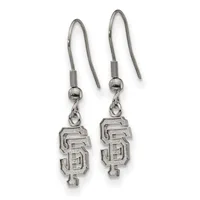 A pair of silver-toned dangle earrings with hook closures, each featuring a rectangular pendant with geometric cutout design.