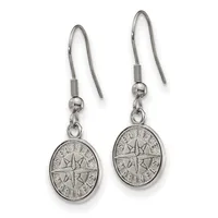 A pair of silver-toned dangle earrings featuring oval compass rose medallions suspended from curved ear wires with decorative coils.