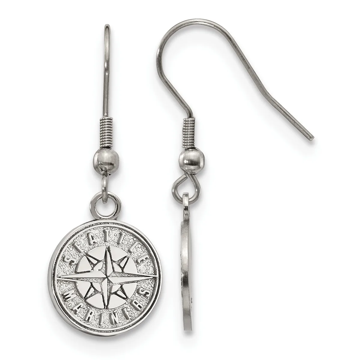 Pair of silver-tone dangle earrings with compass rose medallions suspended from fish hook wires with decorative coils.